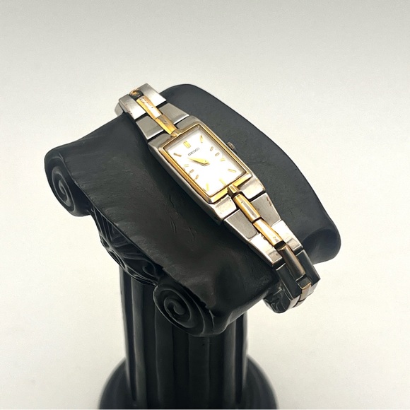 Vintage Seiko Two-Tone Skinny Rectangular Womens Watch New Battery